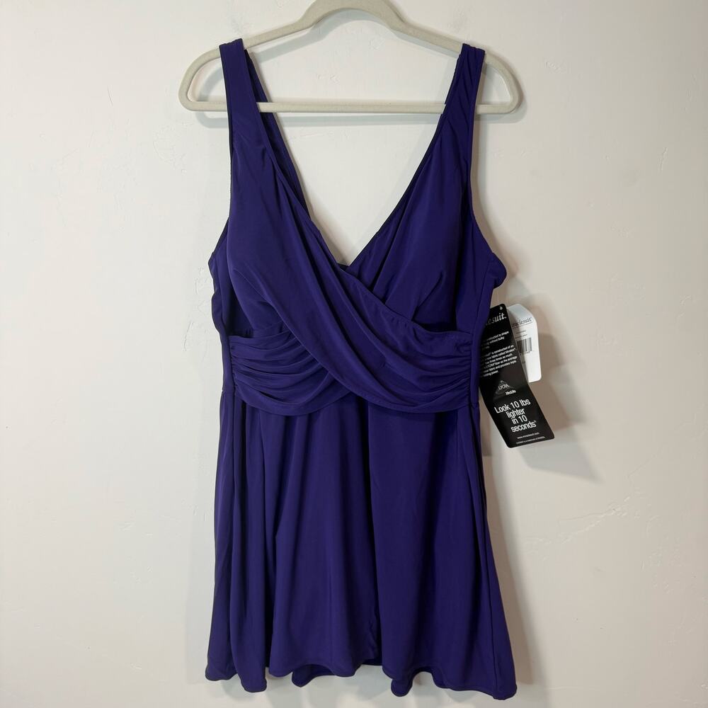 Miraclesuit Women's Swim Dress‎ Solid Purple Wrap V Neck 22W NEW